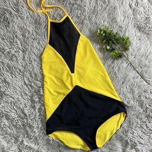 NWT khong boon yellow and black color block with mesh one piece bathing suit M